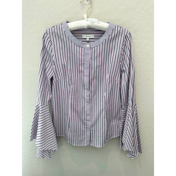 MILLY | Michelle Purple Navy Stripe Belle Sleeve Cotton Professional Blouse | 8 - Picture 1 of 8